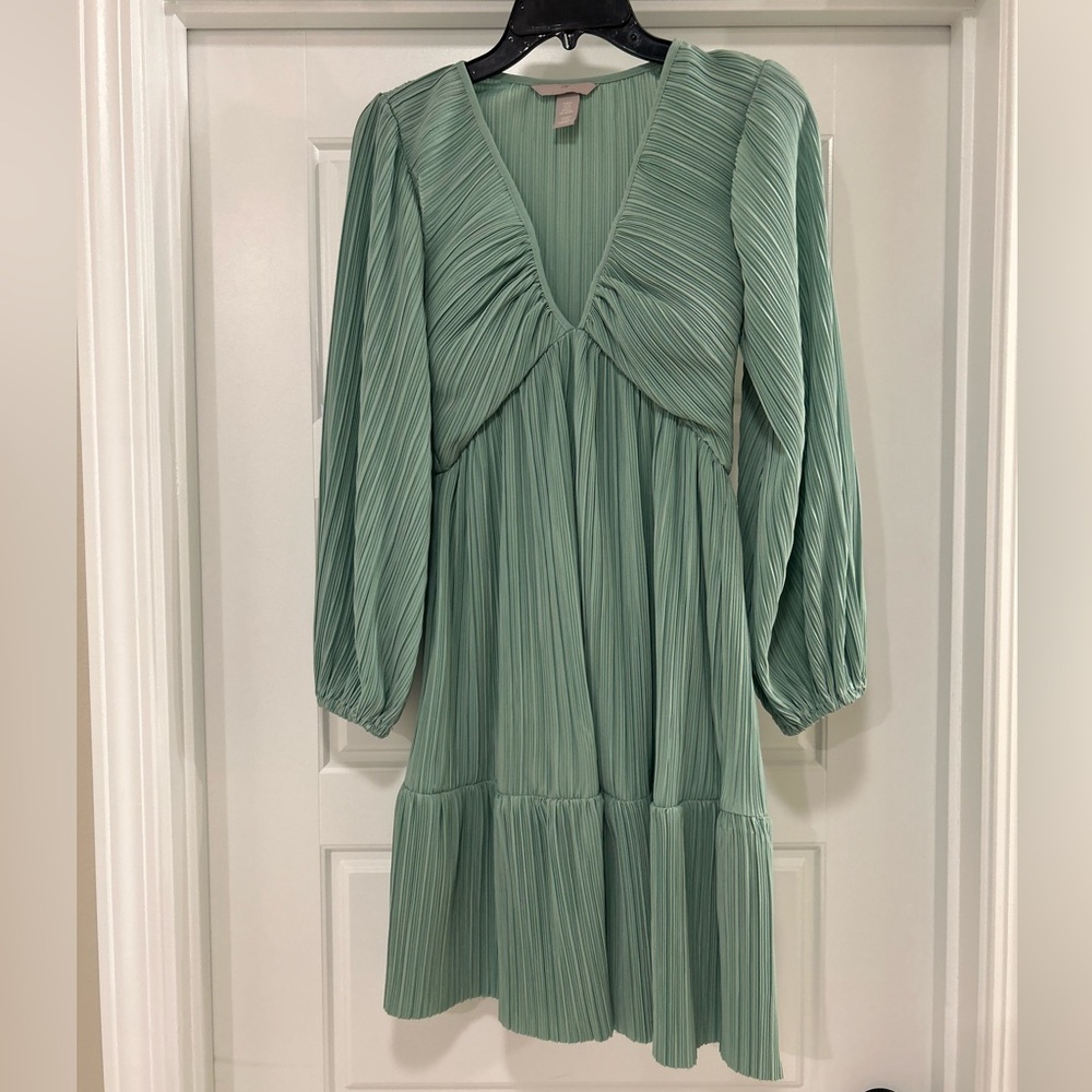 Green Pleated V-Neck Dress